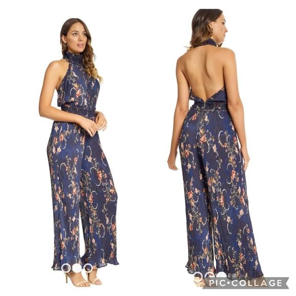 We Are Kindred Adele Jumpsuit Navy pleated chiffon floral print halter neck US 4 - Picture 4 of 14